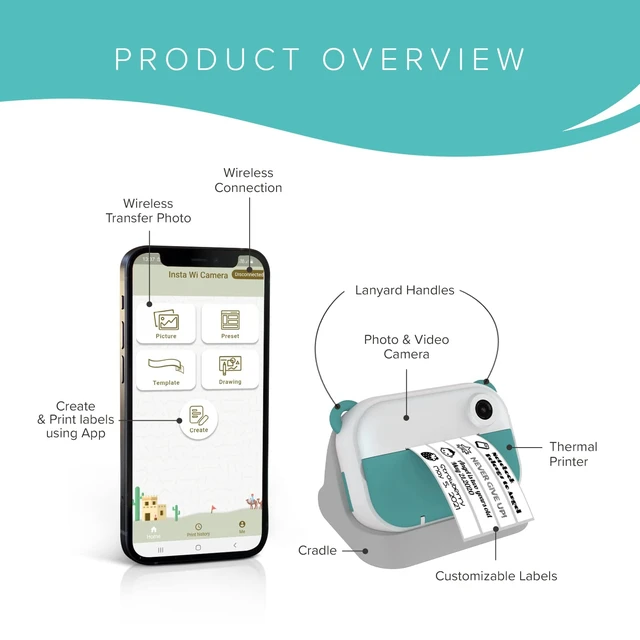 Alt view image 4 of 7 - myFirst Camera Insta Wi - Kids Digital Camera Instant Print, Label Maker, Unlimited Printing, 12MP Photos 1080P Video and Selfie Lens, Memory Card, Neck Lanyard, for Kids 3-12 (Teal)