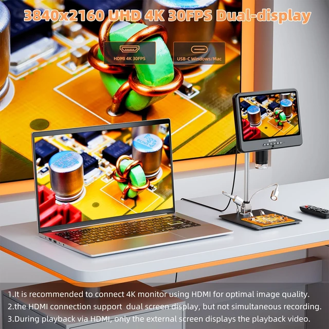 Alt view image 3 of 7 - GLG208SE 4K 30FPS HDMI Digital Microscope 1500X with Microphone for Electronics Repair, 10.1" Dual Screen Display, 3840P UHD Video Audio for PCB Soldering, Coin Microscope Full View for Error Coins