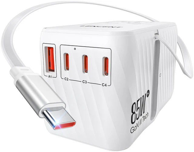 Main image of 85W Universal Travel Adapter with Retractable USB C Cable, GaN International Plug Adapter with 3 Type C&1 USB A Ports Fast Charging, Worldwide Outlet Converter for US to European EU UK AUS