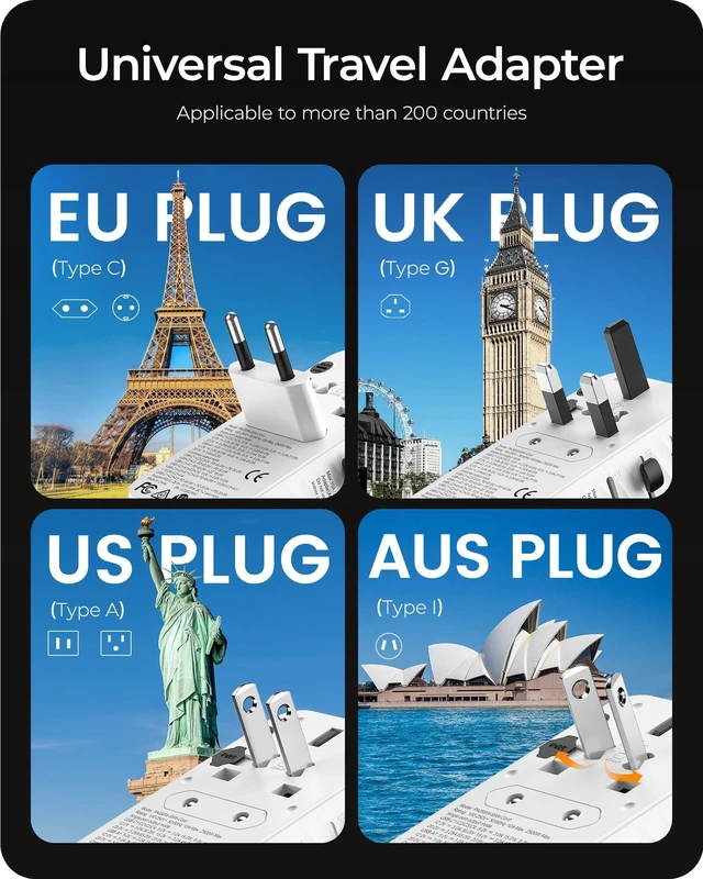 Alt view image 4 of 7 - 85W Universal Travel Adapter with Retractable USB C Cable, GaN International Plug Adapter with 3 Type C&1 USB A Ports Fast Charging, Worldwide Outlet Converter for US to European EU UK AUS
