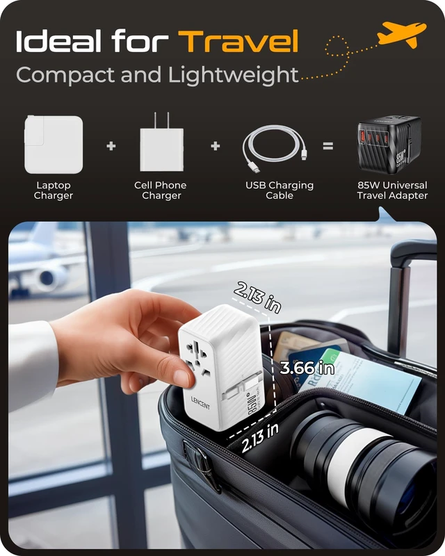 Alt view image 7 of 7 - 85W Universal Travel Adapter with Retractable USB C Cable, GaN International Plug Adapter with 3 Type C&1 USB A Ports Fast Charging, Worldwide Outlet Converter for US to European EU UK AUS