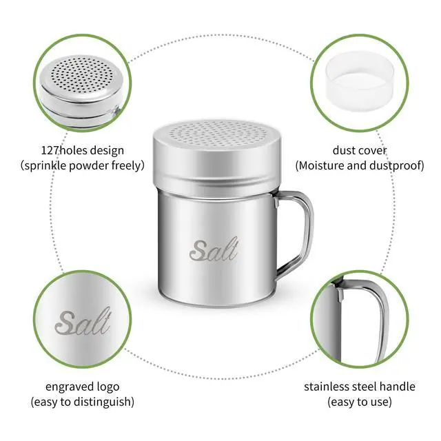 Alt view image 2 of 7 - Stainless Steel Salt and Pepper Shakers Set, 10 OZ Seasoning Spice Shaker with Lid and Handle 127 Holes, Metal Dredge Shaker for Powder Sugar Cooking Kitchen Baking (2 Pieces)