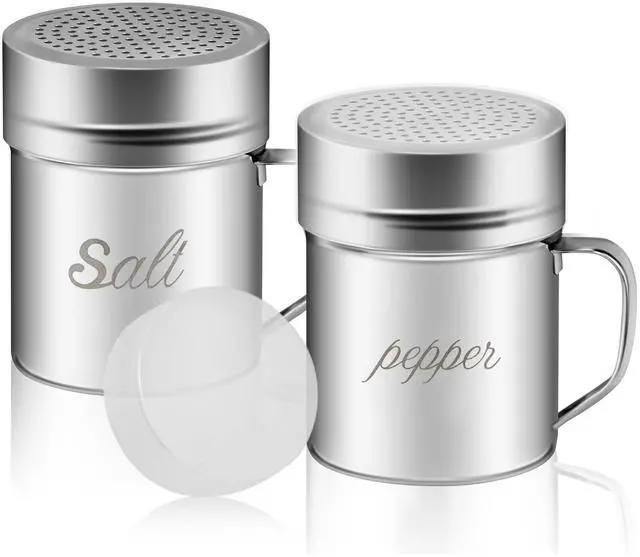 Main image of Stainless Steel Salt and Pepper Shakers Set, 10 OZ Seasoning Spice Shaker with Lid and Handle 127 Holes, Metal Dredge Shaker for Powder Sugar Cooking Kitchen Baking (2 Pieces)