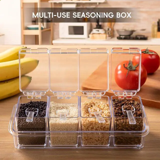 Alt view image 3 of 7 - Clear Seasoning Box, 4 Pieces Seasoning Rack Spice Pots, Storage Container Condiment Jars Acrylic Seasoning Box with Covers and Spoons for Spice, Sugar, Salt, Sugar, Cardamon, Cinnamon