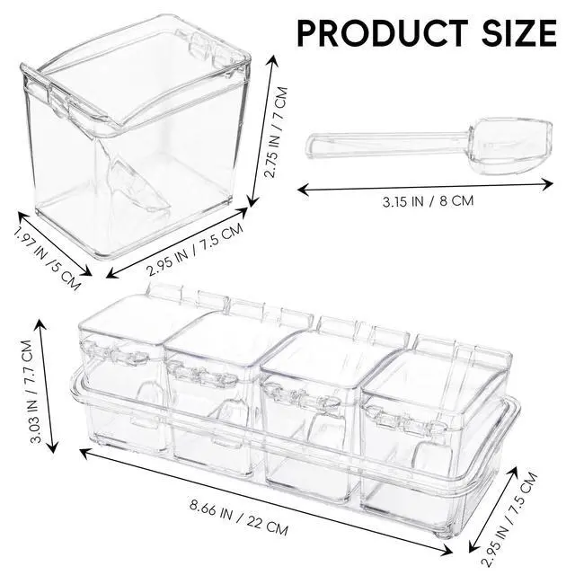 Alt view image 2 of 7 - Clear Seasoning Box, 4 Pieces Seasoning Rack Spice Pots, Storage Container Condiment Jars Acrylic Seasoning Box with Covers and Spoons for Spice, Sugar, Salt, Sugar, Cardamon, Cinnamon
