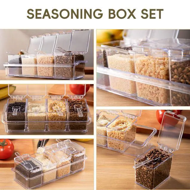 Alt view image 4 of 7 - Clear Seasoning Box, 4 Pieces Seasoning Rack Spice Pots, Storage Container Condiment Jars Acrylic Seasoning Box with Covers and Spoons for Spice, Sugar, Salt, Sugar, Cardamon, Cinnamon