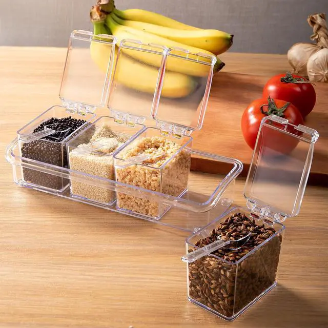 Alt view image 6 of 7 - Clear Seasoning Box, 4 Pieces Seasoning Rack Spice Pots, Storage Container Condiment Jars Acrylic Seasoning Box with Covers and Spoons for Spice, Sugar, Salt, Sugar, Cardamon, Cinnamon