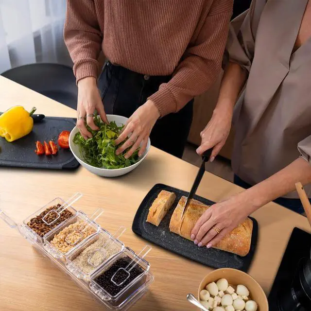 Alt view image 7 of 7 - Clear Seasoning Box, 4 Pieces Seasoning Rack Spice Pots, Storage Container Condiment Jars Acrylic Seasoning Box with Covers and Spoons for Spice, Sugar, Salt, Sugar, Cardamon, Cinnamon