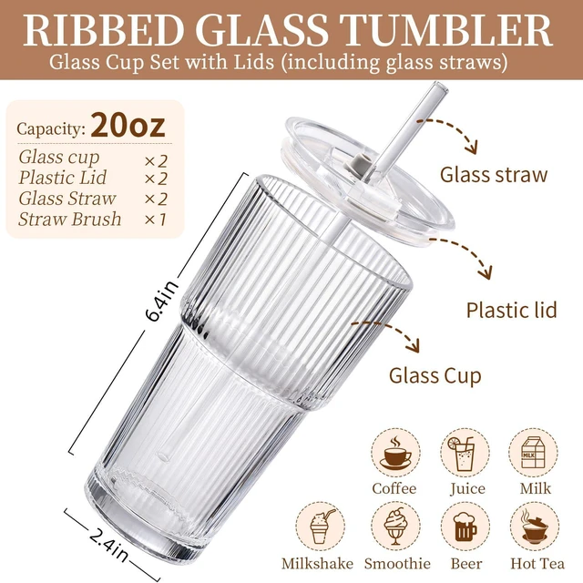 Alt view image 2 of 7 - 20oz Ribbed Glass Tumbler with Straw and Lid,2 Pcs Vintage Iced Coffee Cups LeakProof Tumblers,Coffee Bar Accessories,Vintage Ribbed Design,Reusable Smoothie Cup for Cold Drinks,Car-Friendly