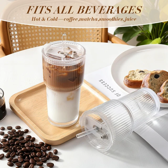 Alt view image 4 of 7 - 20oz Ribbed Glass Tumbler with Straw and Lid,2 Pcs Vintage Iced Coffee Cups LeakProof Tumblers,Coffee Bar Accessories,Vintage Ribbed Design,Reusable Smoothie Cup for Cold Drinks,Car-Friendly