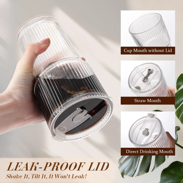 Alt view image 5 of 7 - 20oz Ribbed Glass Tumbler with Straw and Lid,2 Pcs Vintage Iced Coffee Cups LeakProof Tumblers,Coffee Bar Accessories,Vintage Ribbed Design,Reusable Smoothie Cup for Cold Drinks,Car-Friendly