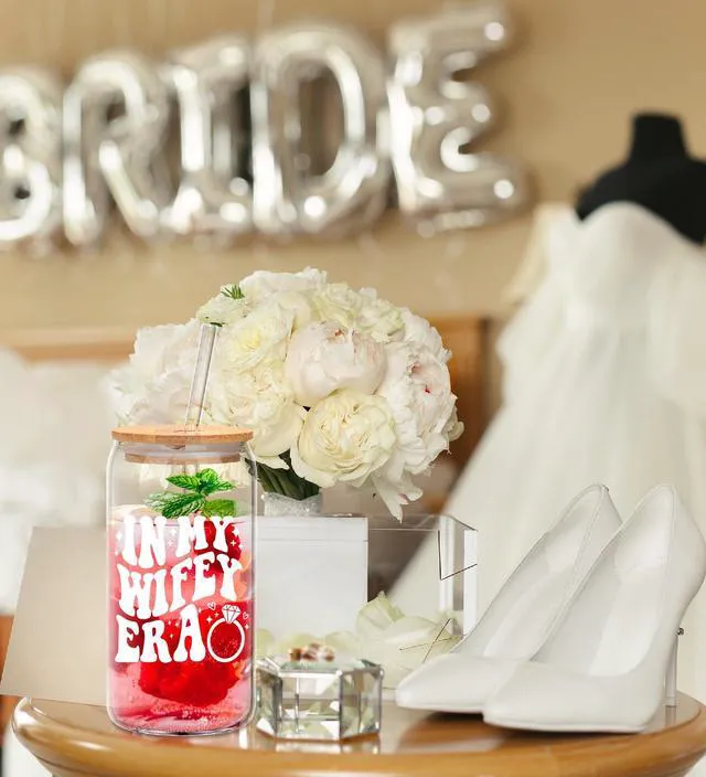 Alt view image 6 of 6 - Bridal Shower Gift - Cute Cool Wedding Day Idea for Bride to Be, Future Mrs, Bachelorette - In My Wifey Era Glass Cup Tumbler