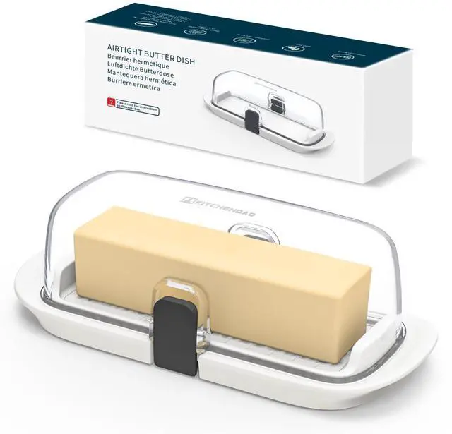 Main image of One-handed Airtight Butter Dish with Lid for Countertop and Refrigerator Door Shelf, Butter Holder with One Press to Open/Close Secure Latching Buckle for West/East Coast Butter (White)