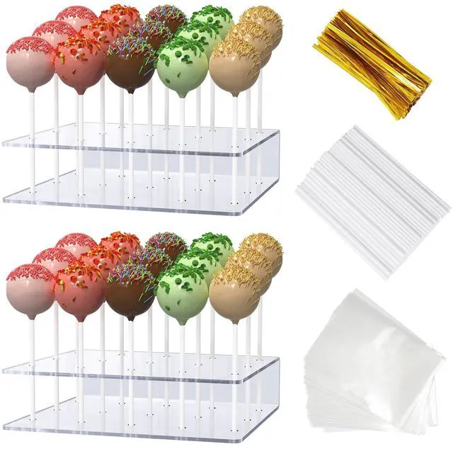 Main image of 2 Pack Cake Pop Stand with Sticks Kit, Acrylic Lollipop Hold Stand | Clear Cake Pop Display Holder, 15 Holes Candy Pop Holder with 100 Pcs Sticks, 100 Pcs Clear Wrappers, 100 Pcs Gold Twist Ties
