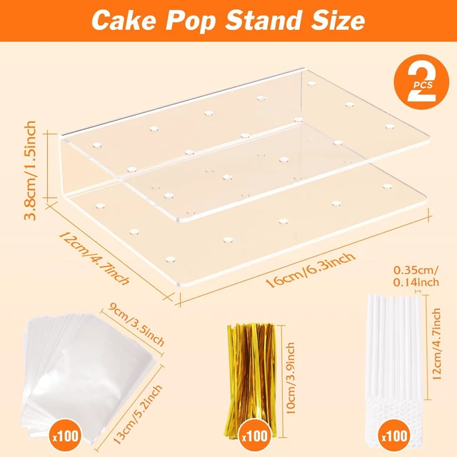 Alt view image 2 of 7 - 2 Pack Cake Pop Stand with Sticks Kit, Acrylic Lollipop Hold Stand | Clear Cake Pop Display Holder, 15 Holes Candy Pop Holder with 100 Pcs Sticks, 100 Pcs Clear Wrappers, 100 Pcs Gold Twist Ties
