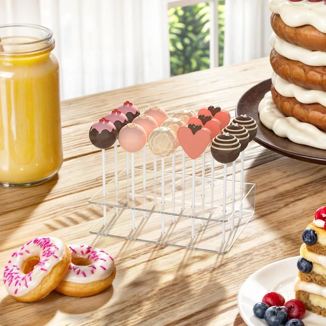 Alt view image 4 of 7 - 2 Pack Cake Pop Stand with Sticks Kit, Acrylic Lollipop Hold Stand | Clear Cake Pop Display Holder, 15 Holes Candy Pop Holder with 100 Pcs Sticks, 100 Pcs Clear Wrappers, 100 Pcs Gold Twist Ties