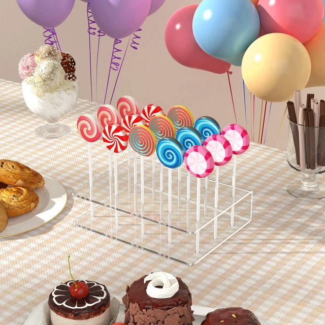 Alt view image 5 of 7 - 2 Pack Cake Pop Stand with Sticks Kit, Acrylic Lollipop Hold Stand | Clear Cake Pop Display Holder, 15 Holes Candy Pop Holder with 100 Pcs Sticks, 100 Pcs Clear Wrappers, 100 Pcs Gold Twist Ties