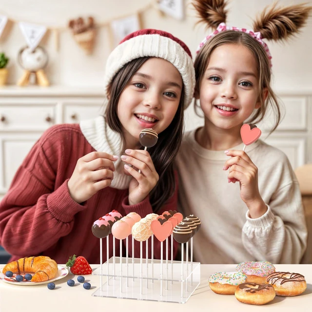Alt view image 6 of 7 - 2 Pack Cake Pop Stand with Sticks Kit, Acrylic Lollipop Hold Stand | Clear Cake Pop Display Holder, 15 Holes Candy Pop Holder with 100 Pcs Sticks, 100 Pcs Clear Wrappers, 100 Pcs Gold Twist Ties