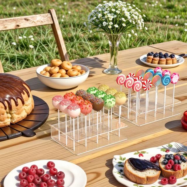 Alt view image 7 of 7 - 2 Pack Cake Pop Stand with Sticks Kit, Acrylic Lollipop Hold Stand | Clear Cake Pop Display Holder, 15 Holes Candy Pop Holder with 100 Pcs Sticks, 100 Pcs Clear Wrappers, 100 Pcs Gold Twist Ties