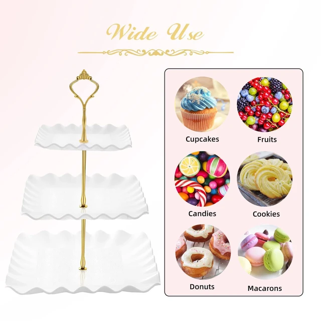 Alt view image 5 of 7 - Plastic Dessert Cupcake Stand, 3 Tier Cupcake Tower Holder, White | Thicker Food-Graded Plastic Tiered Serving Tray with Metal Rod, Suitable for Tea Party, Birthday, Wedding, Baby Shower