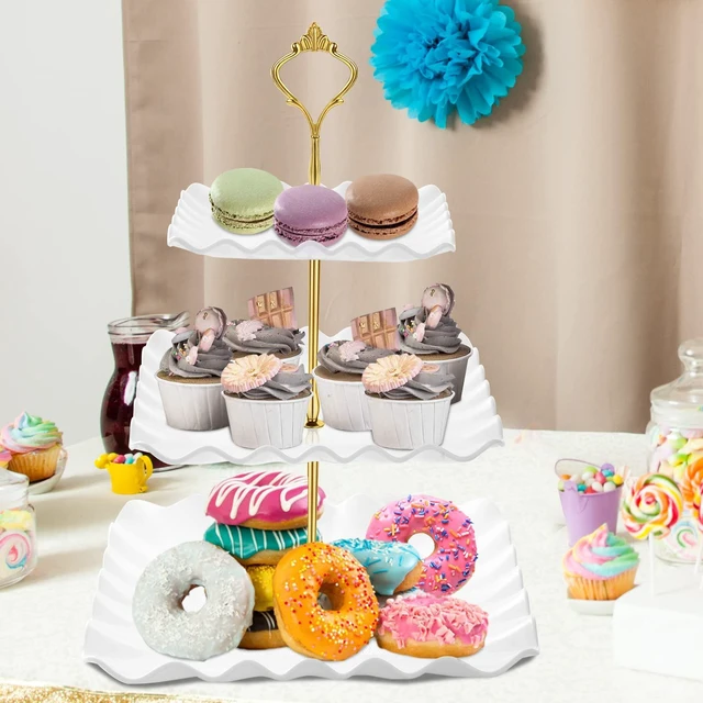 Alt view image 7 of 7 - Plastic Dessert Cupcake Stand, 3 Tier Cupcake Tower Holder, White | Thicker Food-Graded Plastic Tiered Serving Tray with Metal Rod, Suitable for Tea Party, Birthday, Wedding, Baby Shower