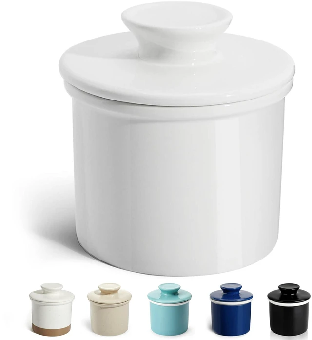 Main image of French Butter Dish - Butter Crock for Counter with Water Line for Fresh Spreadable Butter - French Butter Keeper with Lid - Housewarming Gift For The One Who Has It All - White