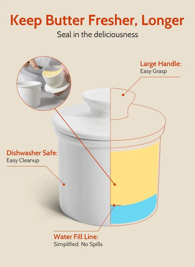 Alt view image 5 of 7 - French Butter Dish - Butter Crock for Counter with Water Line for Fresh Spreadable Butter - French Butter Keeper with Lid - Housewarming Gift For The One Who Has It All - White