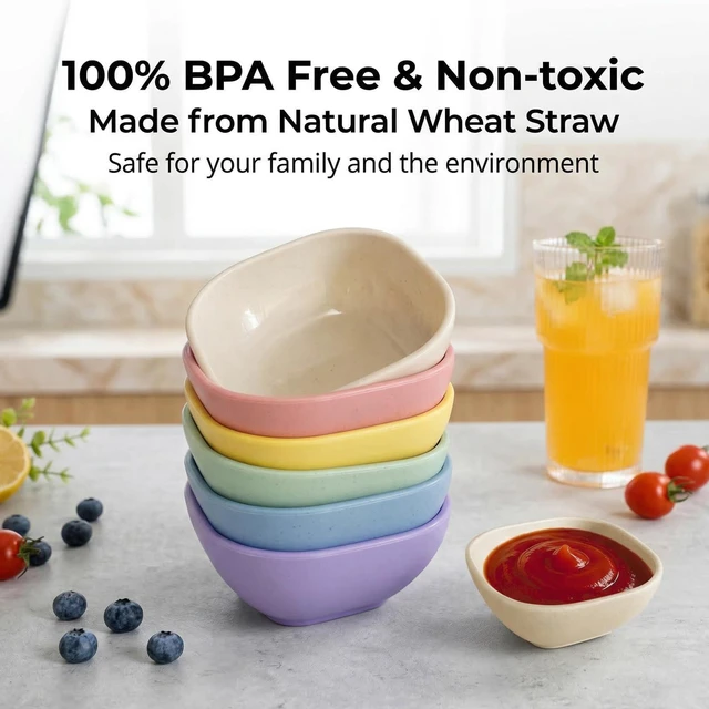 Alt view image 6 of 7 - 6 Pack Small Plastic Bowls 4.5 OZ Unbreakable Wheat Straw Dipping Bowlsplastic ramekins, Assorted Colors Dipping Sauce Cups, dip cups Dessert, Ketchup