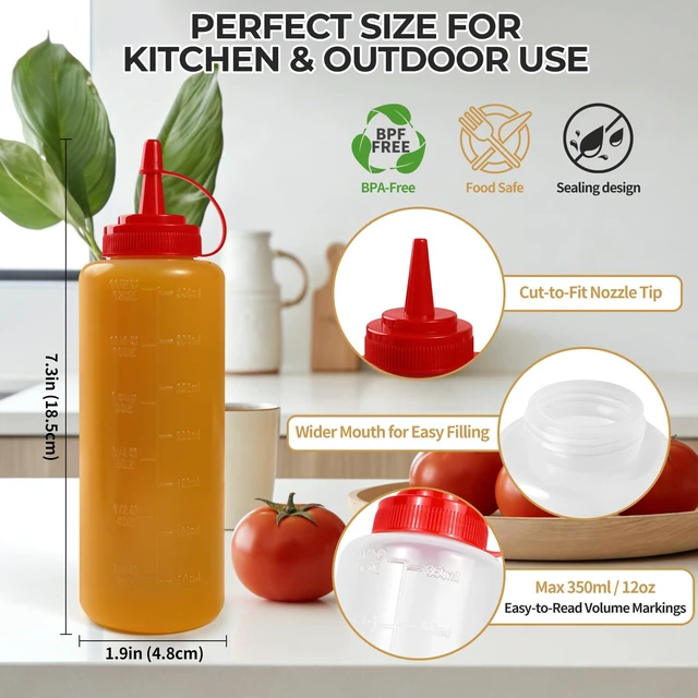 Alt view image 2 of 7 - 3 Pack 12 oz Condiment Squeeze Bottles, Leakproof Flip Top BPA Free Bottle | Anti-Leak Flip Caps with Lanyard, Dual oz/ml Marks & Cuttable Spout, Food-Safe for Sauce, Oil, Dressing, Home & Food Trucks