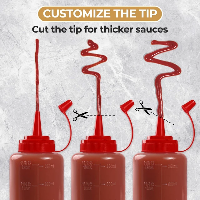 Alt view image 3 of 7 - 3 Pack 12 oz Condiment Squeeze Bottles, Leakproof Flip Top BPA Free Bottle | Anti-Leak Flip Caps with Lanyard, Dual oz/ml Marks & Cuttable Spout, Food-Safe for Sauce, Oil, Dressing, Home & Food Trucks