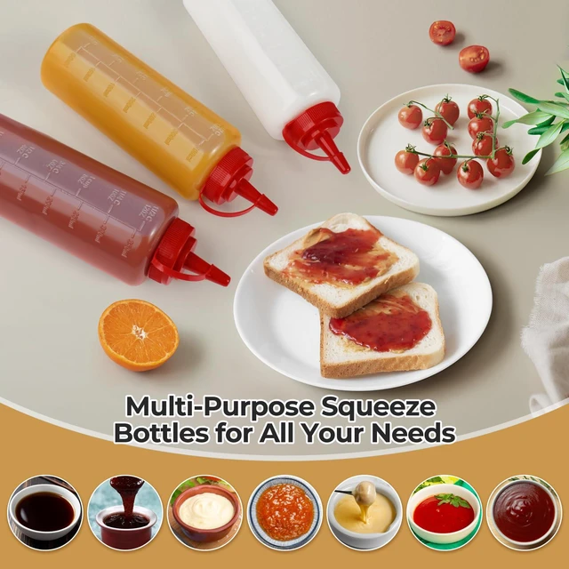 Alt view image 4 of 7 - 3 Pack 12 oz Condiment Squeeze Bottles, Leakproof Flip Top BPA Free Bottle | Anti-Leak Flip Caps with Lanyard, Dual oz/ml Marks & Cuttable Spout, Food-Safe for Sauce, Oil, Dressing, Home & Food Trucks