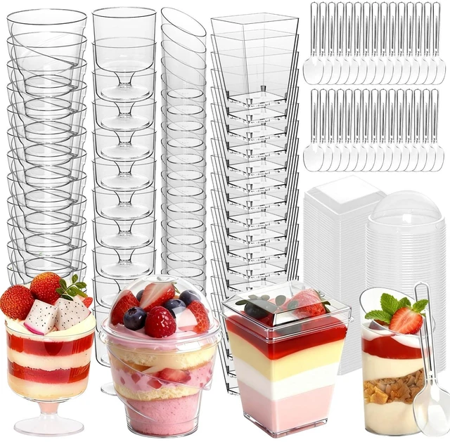 Main image of 400-Pack 5 oz Dessert Cups with Lids and Spoons, Clear Plastic Parfait & Yogurt Cups, Mini Shooter Cups for Parties, Ice Cream, Pudding, Fruit | Square Appetizer Containers