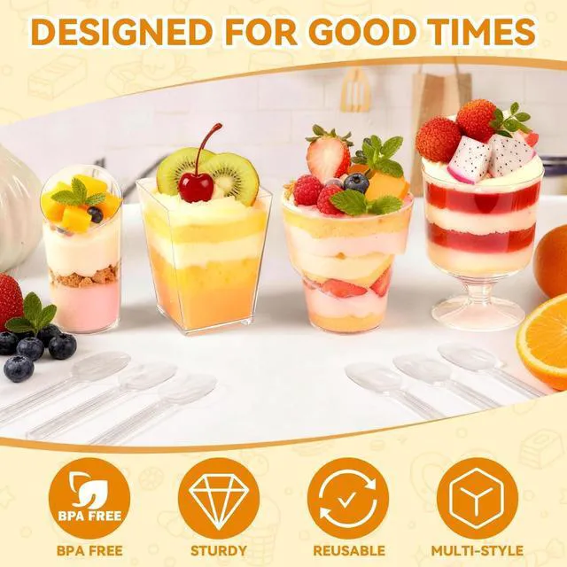 Alt view image 3 of 7 - 400-Pack 5 oz Dessert Cups with Lids and Spoons, Clear Plastic Parfait & Yogurt Cups, Mini Shooter Cups for Parties, Ice Cream, Pudding, Fruit | Square Appetizer Containers
