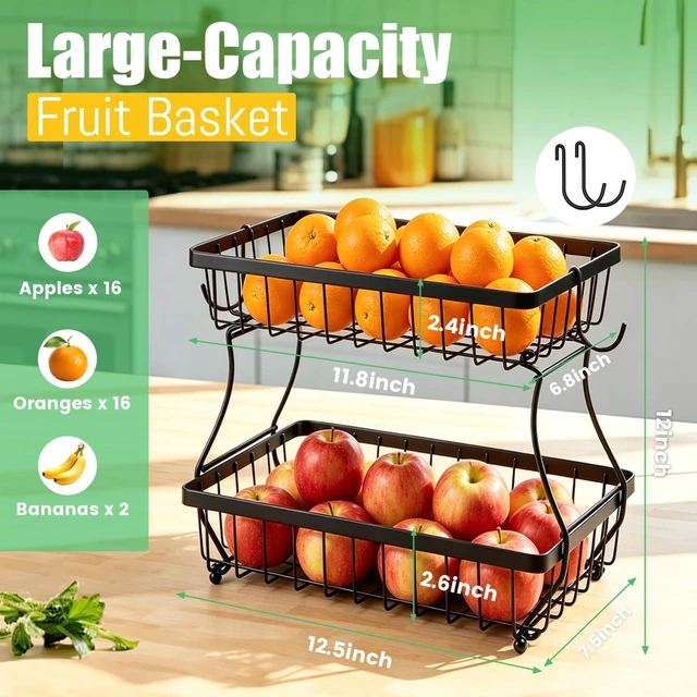 Alt view image 2 of 7 - 2-Tier Fruit Basket for Kitchen Counter with 2 Banana Hangers | Large Metal Fruit Bowl, Versatile Holder for Veggies, Produce Storage, 12.5"×7.5"×12"-Black