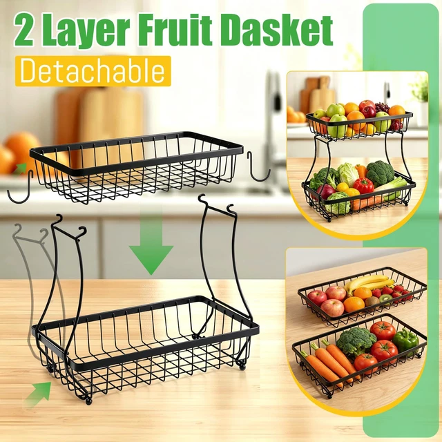 Alt view image 3 of 7 - 2-Tier Fruit Basket for Kitchen Counter with 2 Banana Hangers | Large Metal Fruit Bowl, Versatile Holder for Veggies, Produce Storage, 12.5"×7.5"×12"-Black