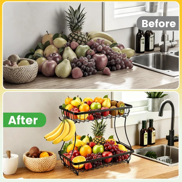 Alt view image 5 of 7 - 2-Tier Fruit Basket for Kitchen Counter with 2 Banana Hangers | Large Metal Fruit Bowl, Versatile Holder for Veggies, Produce Storage, 12.5"×7.5"×12"-Black