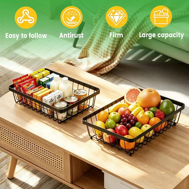Alt view image 6 of 7 - 2-Tier Fruit Basket for Kitchen Counter with 2 Banana Hangers | Large Metal Fruit Bowl, Versatile Holder for Veggies, Produce Storage, 12.5"×7.5"×12"-Black