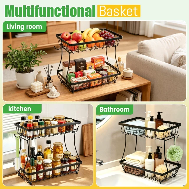Alt view image 7 of 7 - 2-Tier Fruit Basket for Kitchen Counter with 2 Banana Hangers | Large Metal Fruit Bowl, Versatile Holder for Veggies, Produce Storage, 12.5"×7.5"×12"-Black