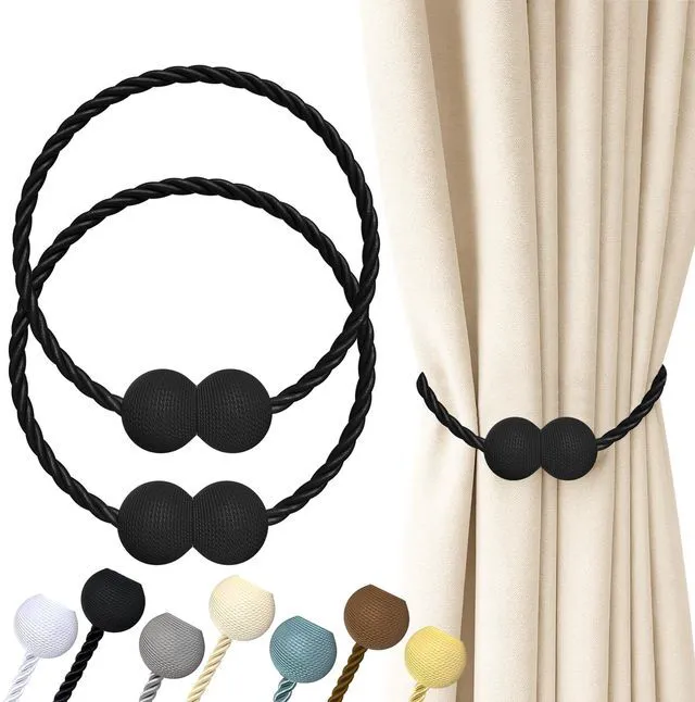 Main image of Magnetic Curtain Tiebacks Black 2pcs, Curtain Holdbacks Hooks Holders | Decorative Curtain Buckles Clip for Drapes Home Outdoor Bedroom Office No Drill No Tools