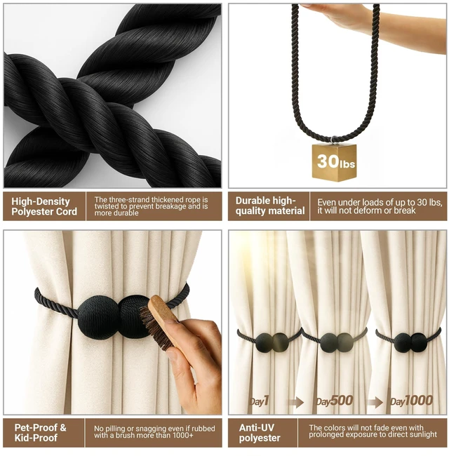 Alt view image 3 of 7 - Magnetic Curtain Tiebacks Black 2pcs, Curtain Holdbacks Hooks Holders | Decorative Curtain Buckles Clip for Drapes Home Outdoor Bedroom Office No Drill No Tools
