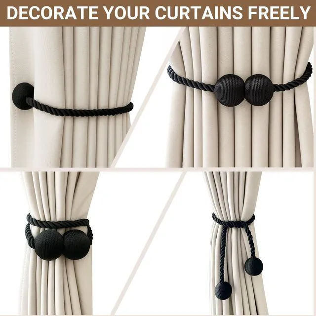 Alt view image 6 of 7 - Magnetic Curtain Tiebacks Black 2pcs, Curtain Holdbacks Hooks Holders | Decorative Curtain Buckles Clip for Drapes Home Outdoor Bedroom Office No Drill No Tools