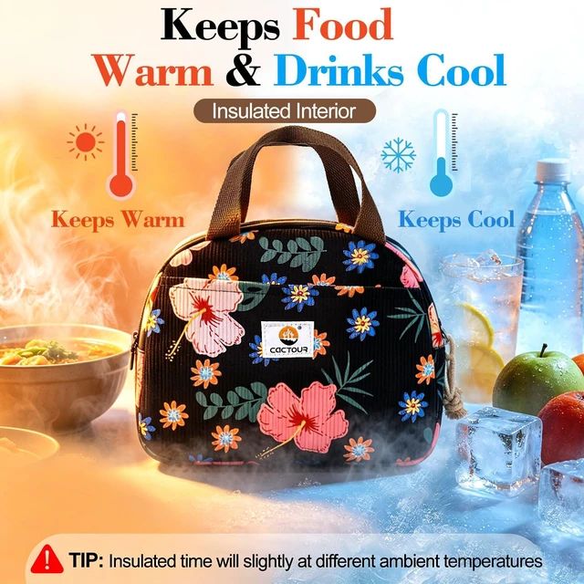 Alt view image 3 of 7 - Lunch Box for Women Girls Teens,Cute Lunch Box Cooler Bag, Portable Insulated Small Lunch Bag Women Reusable Corduroy Lunch Tote for Work/Travel/Picnic/School (Flower)