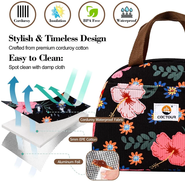 Alt view image 4 of 7 - Lunch Box for Women Girls Teens,Cute Lunch Box Cooler Bag, Portable Insulated Small Lunch Bag Women Reusable Corduroy Lunch Tote for Work/Travel/Picnic/School (Flower)