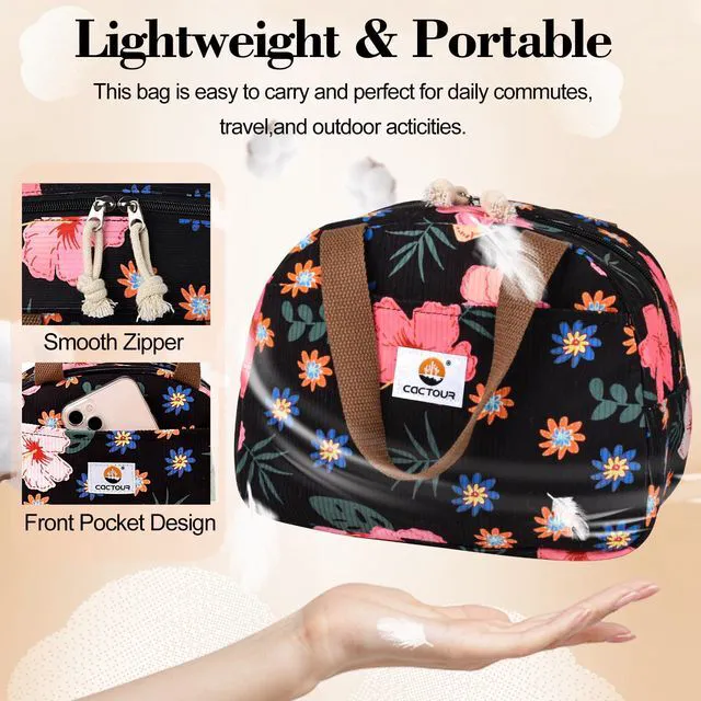 Alt view image 5 of 7 - Lunch Box for Women Girls Teens,Cute Lunch Box Cooler Bag, Portable Insulated Small Lunch Bag Women Reusable Corduroy Lunch Tote for Work/Travel/Picnic/School (Flower)