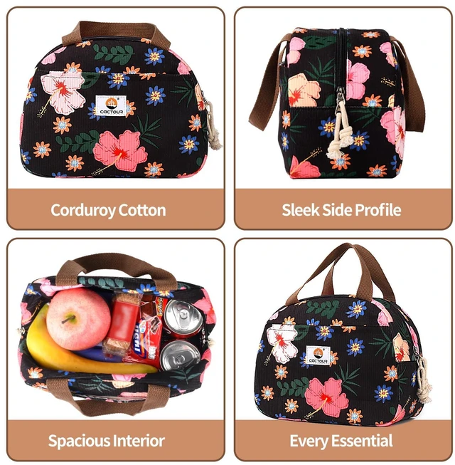 Alt view image 7 of 7 - Lunch Box for Women Girls Teens,Cute Lunch Box Cooler Bag, Portable Insulated Small Lunch Bag Women Reusable Corduroy Lunch Tote for Work/Travel/Picnic/School (Flower)