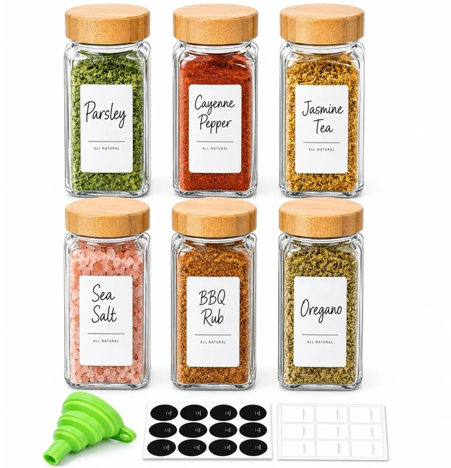 Main image of Glass Spice Jars with with Labels 4 oz 6 Pack Small Bamboo Lids | Empty Containers, Seasoning Herb Powder, Salt Pepper Chili, Spice Rack Organization, Kitchen Cabinet Storage, Funnel Included