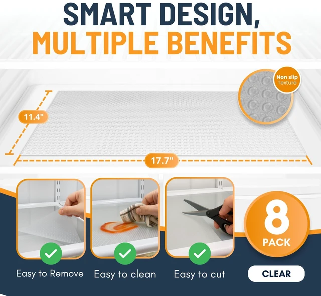 Alt view image 2 of 7 - Refrigerator Liners for Shelves (8 Pack) by Non-Adhesive Drawer and Shelf Liner, BPA-Free Fridge Mats for Kitchen & Cabinets, Easy to Clean, Ideal Household Essentials (Clear)