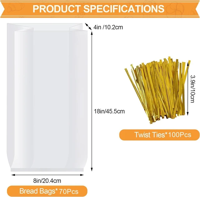Alt view image 2 of 7 - 70 Pack Bread Bags & 100 Pack Ties, 8" x 4" x 18" Clear Bread Bags for Homemade Bread, Reusable Plastic Bread Storage Bags for Bakers, Bakery Owners