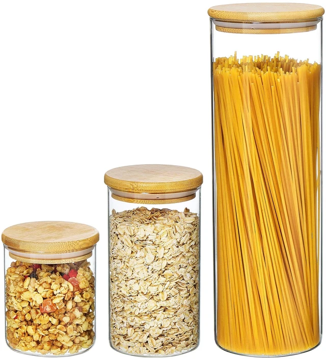 Main image of 74oz/27oz/20oz Glass Food Jars with Airtight Bamboo Lids, 3 Pack | Glass Pantry Storage Containers for Pasta, Nuts, Coffee Beans, Cereal, Canisters Set for Pantry Organization, BPA Free