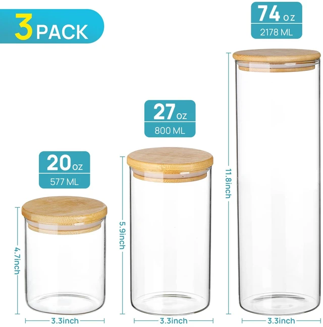 Alt view image 2 of 6 - 74oz/27oz/20oz Glass Food Jars with Airtight Bamboo Lids, 3 Pack | Glass Pantry Storage Containers for Pasta, Nuts, Coffee Beans, Cereal, Canisters Set for Pantry Organization, BPA Free